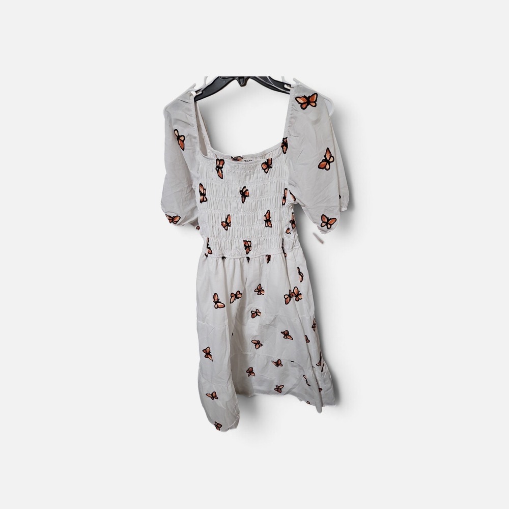 Kindred White Butterfly Print Smocked Puff Sleeve Tiered Mini Dress New